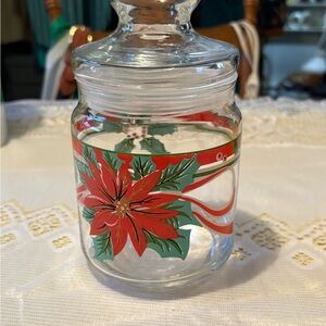 Vintage Festive Glass Jar with Red Poinsettia Design